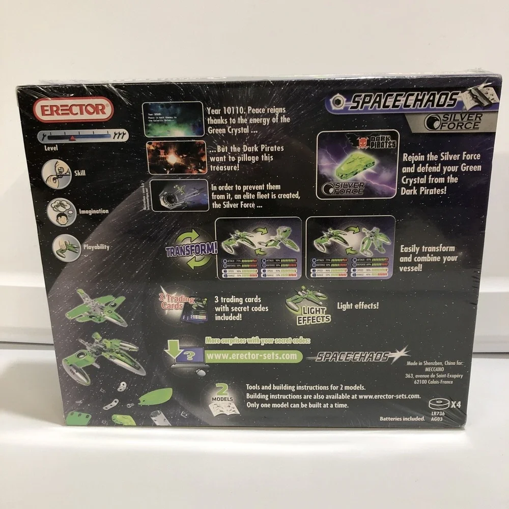 ERECTOR Space Chaos Silver Force Spaceship‎ 2 Models Light Effects 110+ Parts